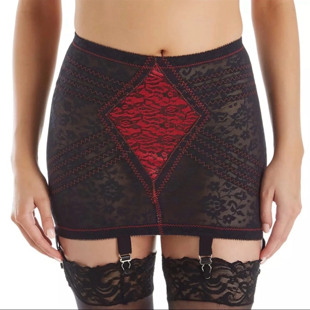 SOLD Rago Black & Red Lace Waistline Open Bottom Girdle Extra Firm Size XL/38l
